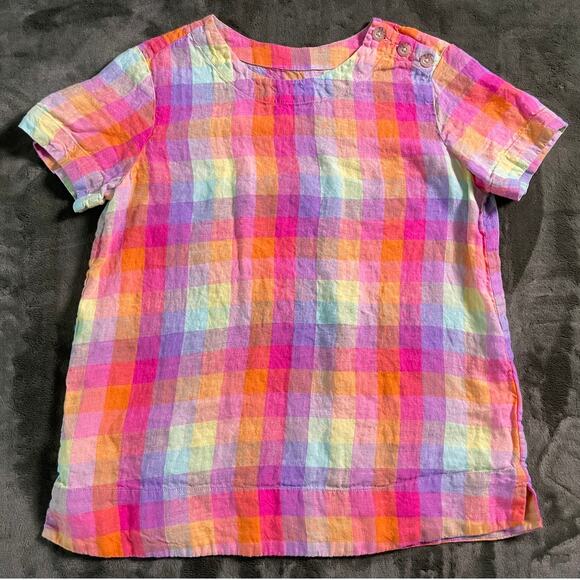 Pastel plaid pattern short sleeve 100% Linen Top - Picture 1 of 7